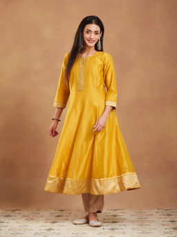 Fabindia - Women Yellow Woven Sequined Work Anarkali Kurta
