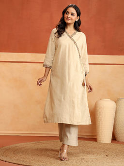 Fabindia - Women Beige Embroidered Mirror Work Angarkha Kurta