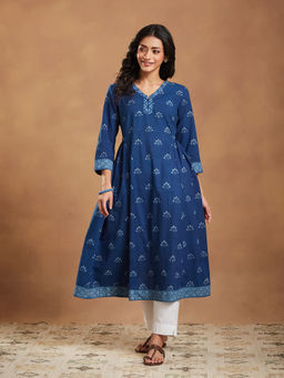 Fabindia - Women Indigo Floral Printed Anarkali Kurta