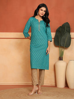 Fabindia - Women Teal Cotton Floral Printed Kurta
