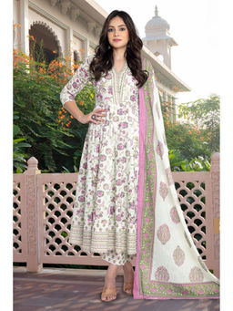 MEENA BAZAAR Since 1970 - Women Pink-White Floral Printed Anarkali Kurta with Pant and Dupatta