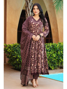 MEENA BAZAAR Since 1970 - Women Burgundy Floral Printed Anarkali Kurta with Pant and Dupatta