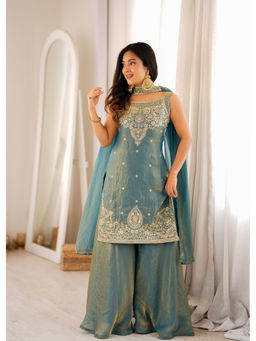 THE52 - Women Blue Embroidered Sequined Work Kurti with Palazzo and Dupatta