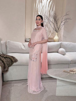 THE52 - Women Peach Embroidered Beads Work Kurti with Palazzo and Dupatta