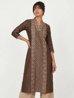 max - Women Brown Embroidered Thread Work Kurta