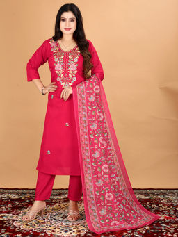THE52 - Women Pink Floral Embroidered Kurta with Pant and Dupatta