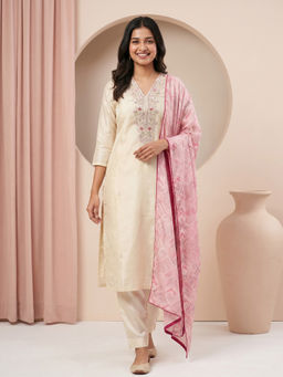 THE52 - Women Off White Embroidered Sequined Work Kurta with Pant and Dupatta