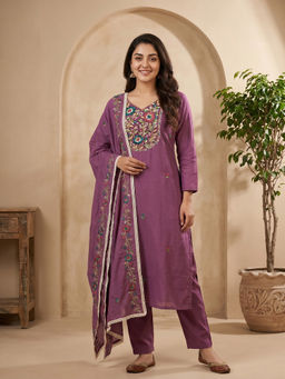 THE52 - Women Purple Floral Embroidered Kurta with Pant and Dupatta