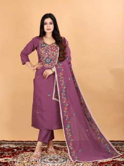 THE52 - Women Purple Floral Embroidered Kurta with Pant and Dupatta