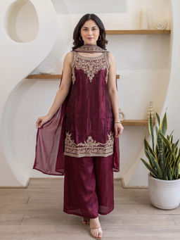THE52 - Women Wine Embroidered Sequined Work Kurti with Palazzo and Dupatta