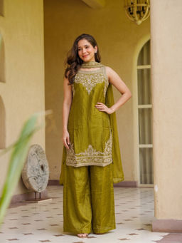 THE52 - Women Olive Embroidered Sequined Work Kurti with Palazzo and Dupatta