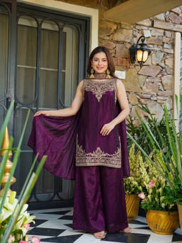 THE52 - Women Wine Embroidered Sequined Work Kurti with Palazzo and Dupatta
