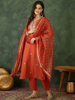 THE52 - Women Rust Embroidered Sequined Work Kurta with Pant and Dupatta