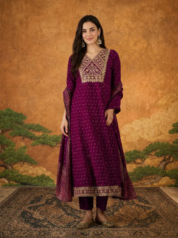 THE52 - Women Wine Embroidered Sequined Anarkali Kurta with Pant and Dupatta