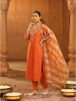 THE52 - Women Orange Floral Embroidered Kurta with Pant and Dupatta