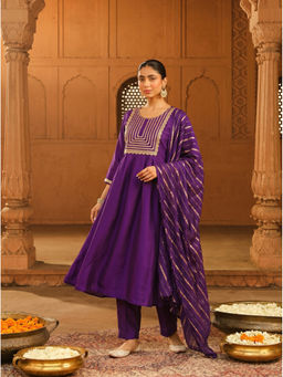 THE52 - Women Purple Embroidered Gota Work Anarkali Kurta with Pant and Dupatta