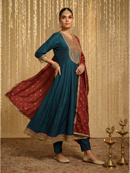 THE52 - Women Teal Embroidered Sequined Work Anarkali Kurta with Pant and Dupatta