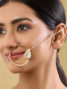 Indinoor - Mriga Kundan Nose RIng with Chain - White