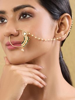 Indinoor - Anaya Kundan Nose RIng with Chain - Green