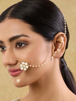 Indinoor - Ira Kundan Nose RIng with Chain - White