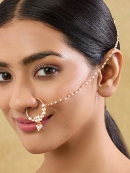 Indinoor - Jahnavi Kundan Nose RIng with Chain - White