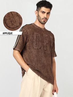 Bewakoof - Men Mole Brown Applique Oversized Acid Wash T-Shirt