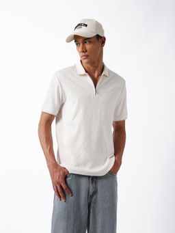 The Bear House - Men Cream Cotton Regular Fit Polo T-Shirt