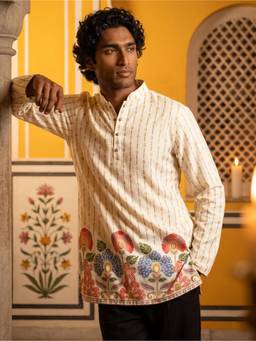 Jompers - Men's Floral Printed White Kurta