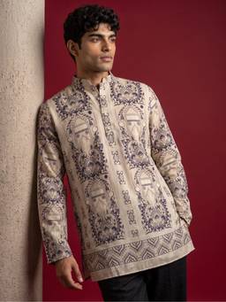 Jompers - Men's Cotton Blend Printed Beige Kurta