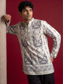 Jompers - Men's Cotton Blend White Printed Kurta