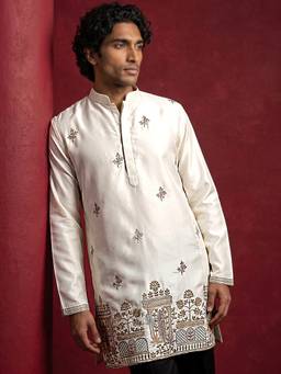 Jompers - Men Silk Blend Embroidered Cream Kurta