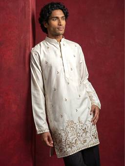 Jompers - Men's Silk Blend Embroidered Cream Kurta