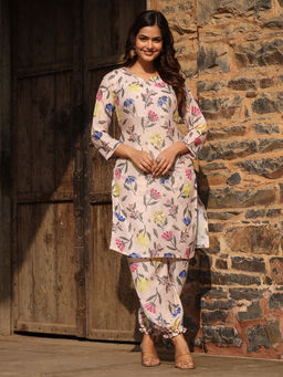 Asheera - Beige Tulip Printed Hand Embroidered Co-Ord (Set of 2)
