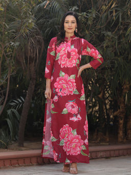 Asheera - Red Floral Printed Long Kurta Co-Ord (Set of 2)