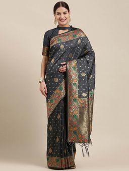 Sareemall - Womens Kanjeevaram Silk Grey Woven Design Designer Saree with Unstitched Blouse