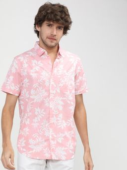 HIGHLANDER - Men's Pink Collar Neck Half Sleeves Slim Floral Shirt