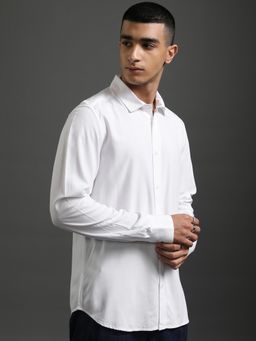 HIGHLANDER - Men's White Collar Neck Full Sleeves Slim Solid/Plain Shirt