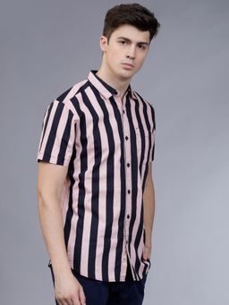 HIGHLANDER - Men's Pink Collar Neck Half Sleeves Slim Stripes Shirt