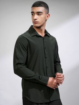 HIGHLANDER - Men's Green Collar Neck Full Sleeves Slim Textured Shirt