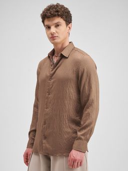 HIGHLANDER - Men's Brown Collar Neck Full Sleeves Slim Textured Shirt