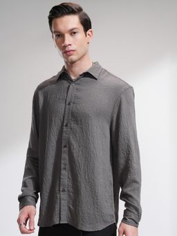 HIGHLANDER - Men's Grey Collar Neck Full Sleeves Relaxed Textured Shirt