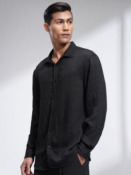 HIGHLANDER - Men's Black Collar Neck Full Sleeves Relaxed Textured Shirt