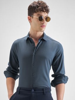 HIGHLANDER - Men's Teal Collar Neck Full Sleeves Slim Solid/Plain Shirt