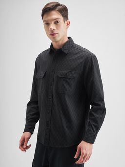 HIGHLANDER - Men's Black Collar Neck Full Sleeves Oversized Checks Shirt