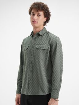HIGHLANDER - Men's Green Collar Neck Full Sleeves Oversized Checks Shirt