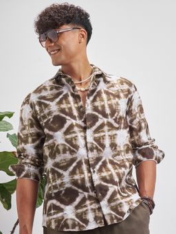 HIGHLANDER - Men's Brown Collar Neck Full Sleeves Relaxed Abstract Shirt