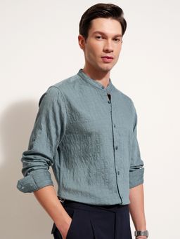 HIGHLANDER - Men's Blue Mandarin Neck Full Sleeves Slim Stripes Shirt