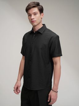 HIGHLANDER - Men's Black Collar Neck Half Sleeves Relaxed Textured Shirt