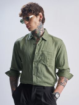 HIGHLANDER - Men's Green Collar Neck Full Sleeves Relaxed Textured Shirt