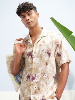 HIGHLANDER - Men's Cream Collar Neck Half Sleeves Relaxed Floral Shirt